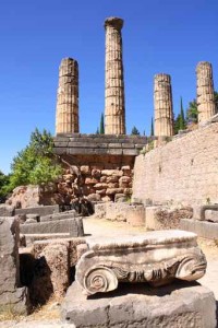 Ancient column and ruins of Temple of Apollo in Delphi, Greece